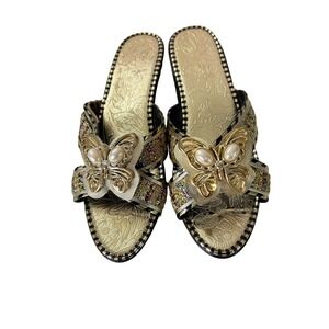 Vintage-Inspired Gold Butterfly Wedge Sandals w/ Rhinestones Size 40